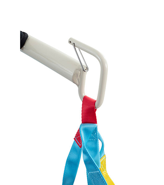 Close-up of a white metal carabiner on the Free Spirit True Bariatric Patient Lift FS850, securing colorful fabric loops—ideal for heavy-duty or bariatric patient lifting. Plain white background.