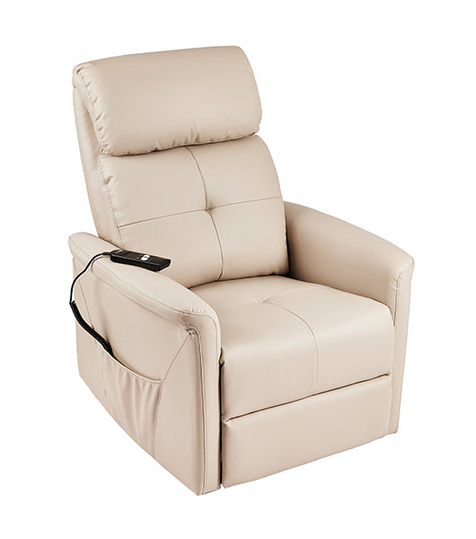 Power lift recliner in upright position with remote control visible, featuring beige upholstery and side storage pocket