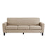 A modern three-seat sofa upholstered in light beige leather or faux leather, featuring three separate seat cushions, square armrests, and slim black legs, shown against a plain white background.