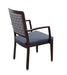 Dining chair with arms for assisted living furniture - aluminum wood grain frame with patterned square backrest and blue upholstered seat cushion, featuring armrests and metal floor glides, angled view on white background