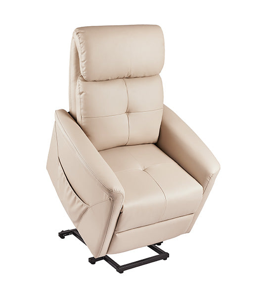 Power lift recliner in lift position, raised to assist user mobility, displaying beige color variant