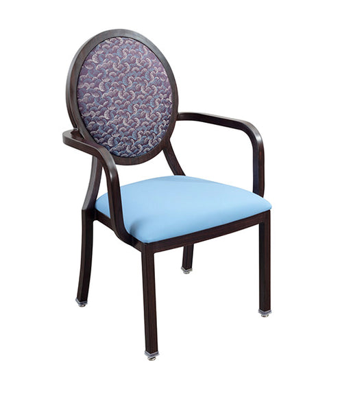 Dining chair for assisted living furniture DCA250-W with wood grain aluminum frame, light blue vinyl seat, patterned round back panel, and nickel plated glides - front-facing three-quarter view