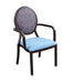 Dining chair for assisted living furniture DCA250-W with wood grain aluminum frame, light blue vinyl seat, patterned round back panel, and nickel plated glides - front-facing three-quarter view