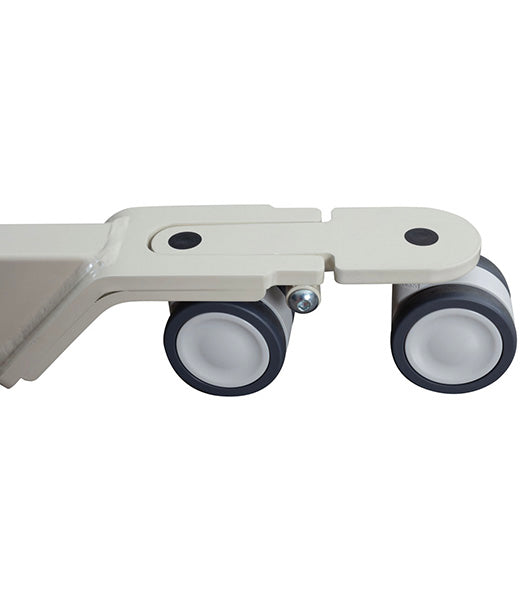 Close-up of a beige metal bracket with two white and gray plastic wheels, attached by a bolt, from the Free Spirit True Bariatric Patient Lift FS850, against a white background.