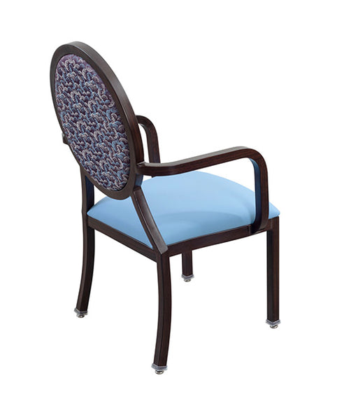 Dining chair for assisted living furniture DCA250-W with wood grain aluminum frame, light blue vinyl seat, patterned round back panel, and nickel plated glides - rear angled view