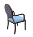 Dining chair for assisted living furniture DCA250-W with wood grain aluminum frame, light blue vinyl seat, patterned round back panel, and nickel plated glides - rear angled view