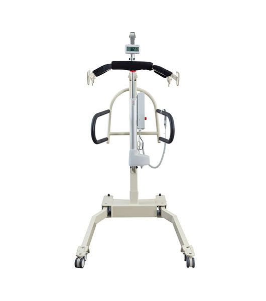 The Free Spirit True Bariatric Patient Lift FS850 features a white power base, black handles, padded arm supports, a control box, and four caster wheels, displayed against a plain white background.