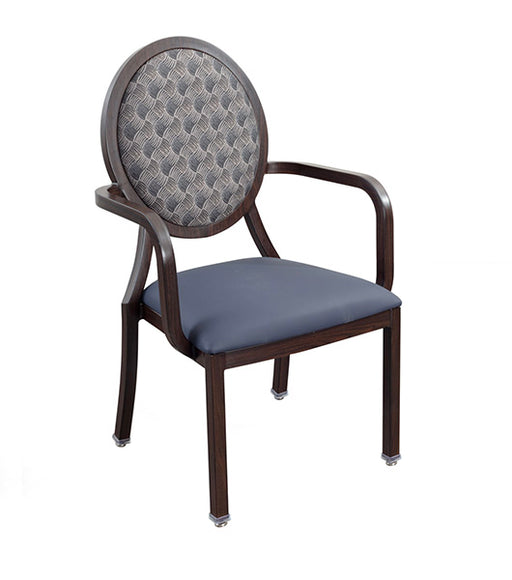 Dining chair for assisted living furniture DCA250-B with wood grain aluminum frame, blue vinyl seat, patterned round back panel, and nickel plated glides - front-facing three-quarter view