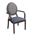 Dining chair for assisted living furniture DCA250-B with wood grain aluminum frame, blue vinyl seat, patterned round back panel, and nickel plated glides - front-facing three-quarter view