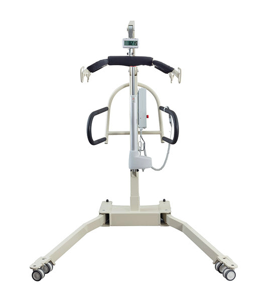 Front view of the Free Spirit True Bariatric Patient Lift FS850 in beige and black, with a wide base, wheels, handlebars, and sling hooks—designed for safe mobility and transfers in healthcare environments.