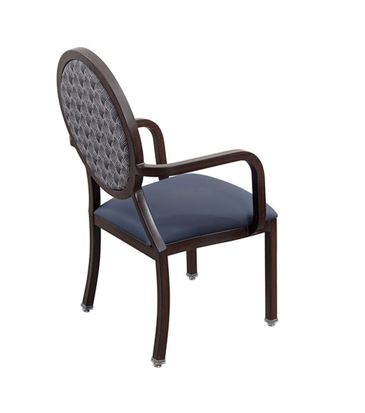 Dining chair for assisted living furniture DCA250-B with wood grain aluminum frame, blue vinyl seat, patterned round back panel, and nickel plated glides - rear angled view