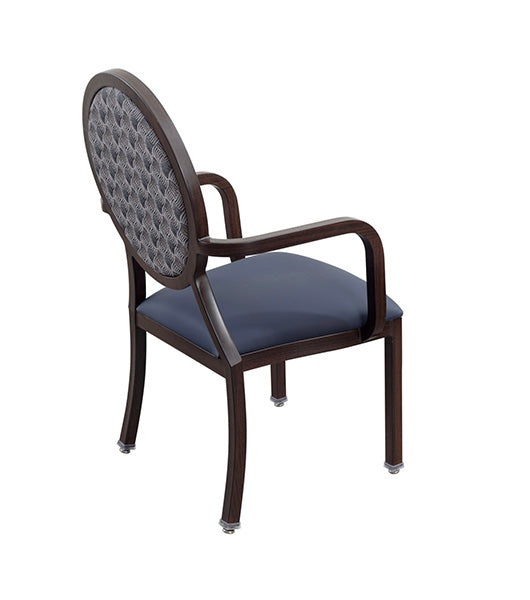 Dining chair for assisted living furniture DCA250-B with wood grain aluminum frame, blue vinyl seat, patterned round back panel, and nickel plated glides - rear angled view