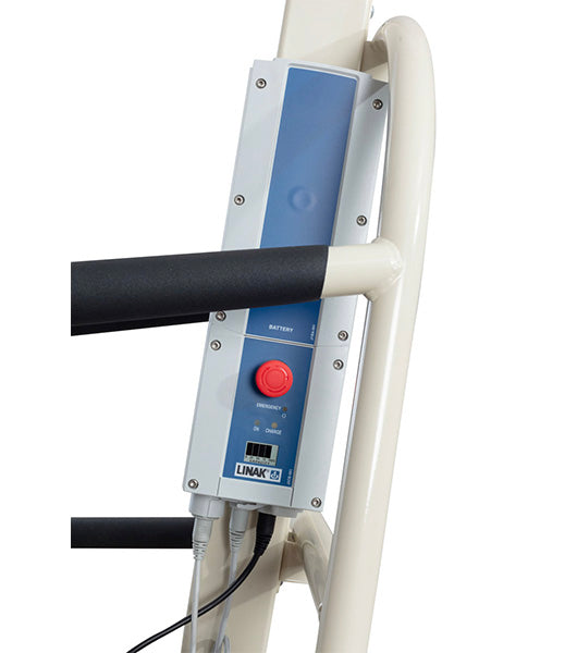 Close-up of a LINAK control panel on the Free Spirit True Bariatric Patient Lift FS850, showing a blue display, large red emergency stop button, indicator lights, and multiple connection ports at the bottom.