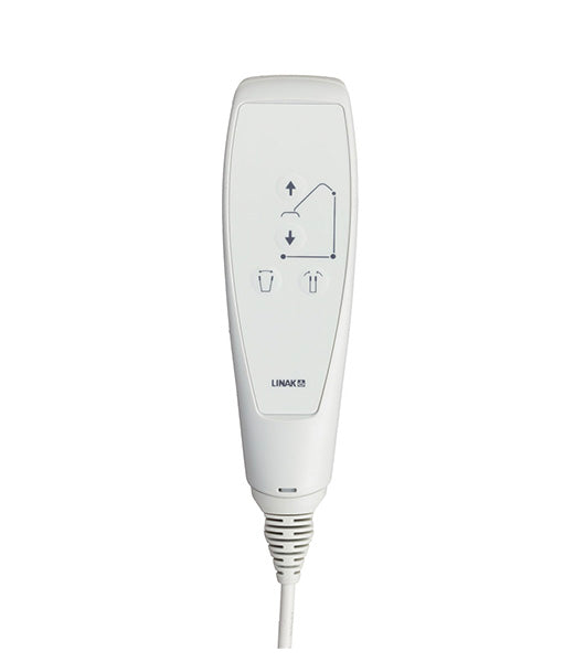 A white handheld remote for the Free Spirit True Bariatric Patient Lift FS850 features simple line drawings for up, down, and recline, is labeled “LINAK,” and connects via a coiled white cord.