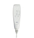A white handheld remote for the Free Spirit True Bariatric Patient Lift FS850 features simple line drawings for up, down, and recline, is labeled “LINAK,” and connects via a coiled white cord.