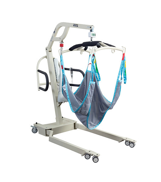 The Free Spirit True Bariatric Patient Lift FS850 is a heavy-duty device with wheels and a blue and gray sling, designed to safely lift and transfer individuals with limited mobility.