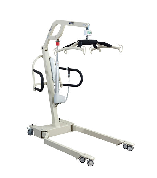 The Free Spirit True Bariatric Patient Lift FS850 is a white heavy-duty lift with wheels, padded handlebars, and a spreader bar with sling hooks, designed for safe transfers of individuals with limited mobility.