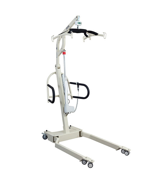 The Free Spirit True Bariatric Patient Lift FS850 is a white, heavy-duty lift with wheels, adjustable arm, and sling hooks for safely moving individuals with limited mobility.