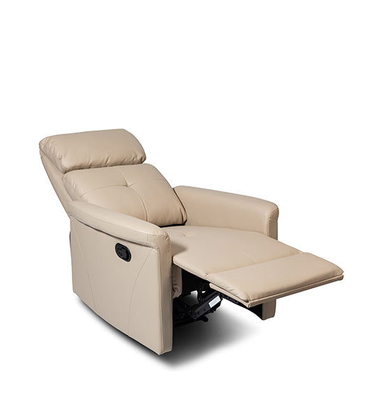 Recliner in reclined position with extended footrest, showing the chair's beige upholstery and reclining mechanism