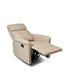Recliner in reclined position with extended footrest, showing the chair's beige upholstery and reclining mechanism