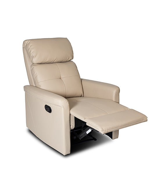 Recliner with footrest up, featuring beige upholstery against a plain white background