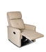 Recliner with footrest up, featuring beige upholstery against a plain white background