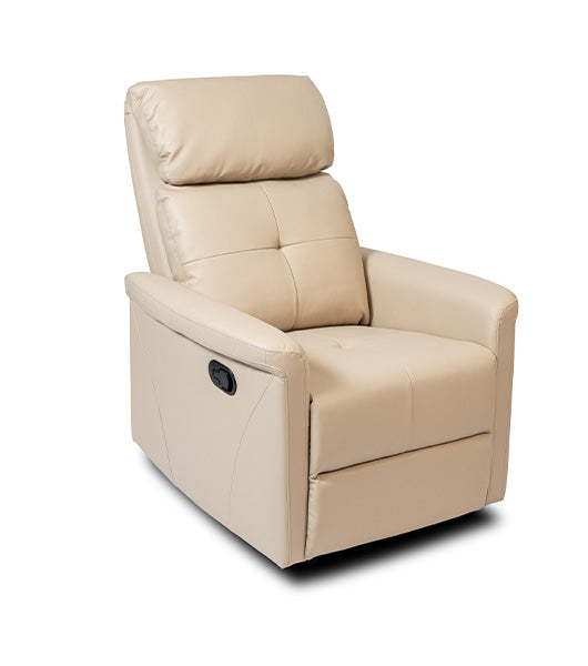 Recliner in upright position, featuring padded headrest, armrests, and beige upholstery