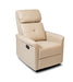 Recliner in upright position, featuring padded headrest, armrests, and beige upholstery