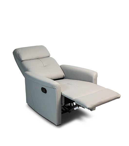Recliner in reclined position with footrest up, featuring light gray upholstery against a plain white background