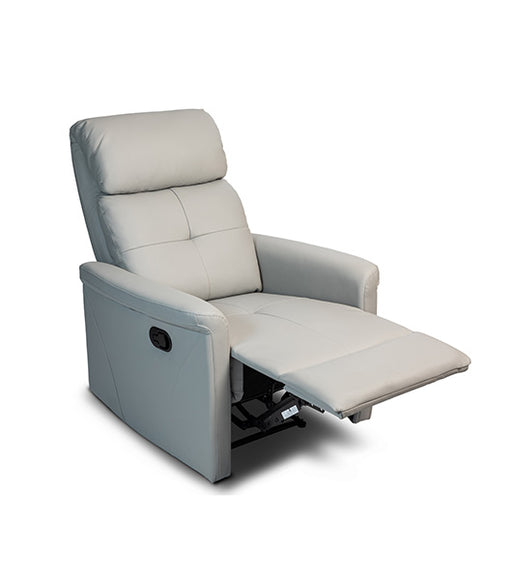 Recliner with footrest up, featuring gray upholstery against a plain white background