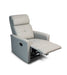 Recliner with footrest up, featuring gray upholstery against a plain white background