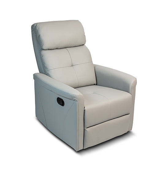 Recliner in upright position, showing the chair's light gray color variant against a plain white background