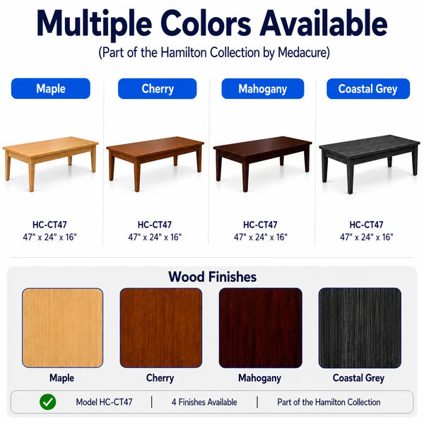 A color options chart for a coffee table from the Hamilton Collection by Medacure, showing four finish/color variants: Maple, Cherry, Mahogany, and Coastal Grey. The top section reads 'Multiple Colors Available' and the bottom section has a 'Wood Finishes' panel with wood swatches and model information for Model HC-CT47.