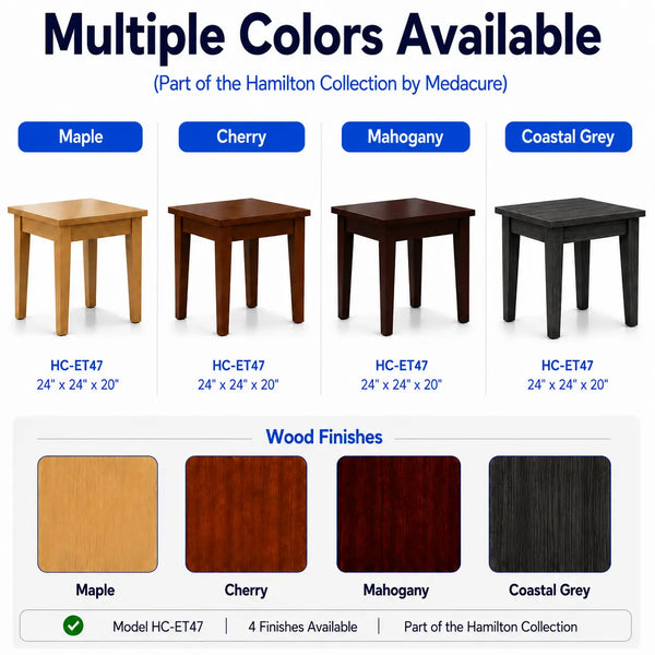 A color options chart for a square wooden table, showing four finish/color variants: Maple, Cherry, Mahogany, and Coastal Grey. The top section reads 'Multiple Colors Available' and includes the text 'Part of the Hamilton Collection by Medacure.