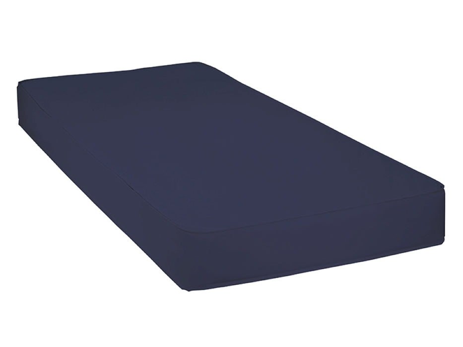 Angled view of the dark blue Proactive Protekt HC 50 foam mattress with cover on a white background