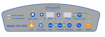 A technical graphic of the OB-1620 medical mattress control panel. The gray panel features a central ObboMed logo and various blue and orange touch buttons. Icons include a power alarm bell, weight adjustment arrows (LBS/kg), a digital pressure display, and rotation angle indicators for 25 degrees left or right. The bottom row features buttons for Lock, Max Inflate, Static, Cycle Time (mins), Alternating mode, Fowler position, and a Power ON/OFF switch.