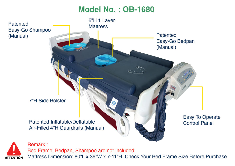 An annotated product photo of the OB-1680 mattress. This model includes 4-inch high patented inflatable/deflatable air-filled guardrails and a 7-inch high side bolster. It features a central cutout for a manual "Easy-Go" bedpan and a head-end cutout for a manual "Easy-Go" shampoo basin. The mattress is 6 inches high with a single-layer air cell structure.