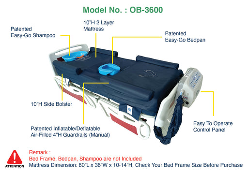 Graphic showcasing the therapeutic features of the OB-3600, including text callouts for the Patented Easy-Go Shampoo and Easy-Go Bedpan feature, 2-layer mattress, side bolster, guardrails, and control panel. 