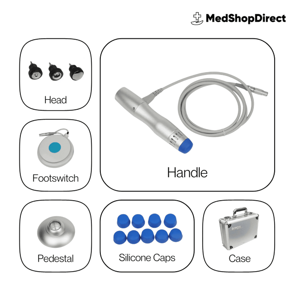 Image composite showing the components of the Oceanus PhysioPRO Shockwave Therapy system: Heads, Footswitch, Handle, Pedestal, Silicone Caps, and Case.