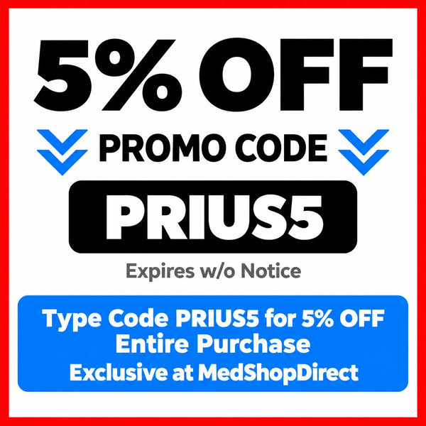 5% off promotional banner for Prius products with promo code PRIUS5, exclusive discount at MedShopDirect for entire purchase, limited time offer.