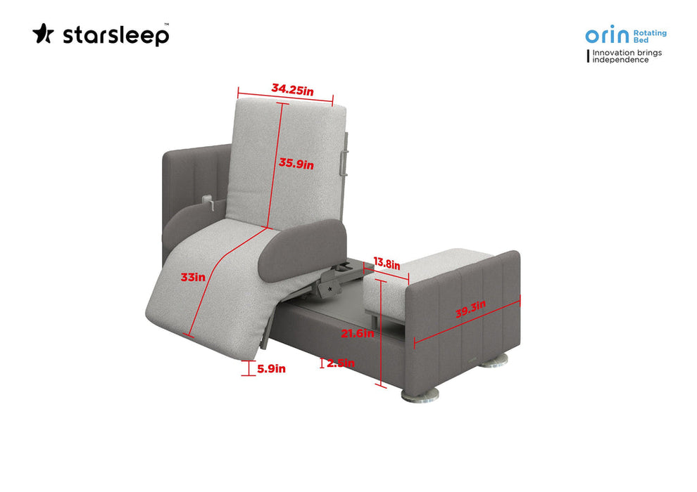 The Starsleep Orin Rotating Bed, with grey upholstery, is shown from multiple angles, highlighting inch measurements for its backrest, seat, base, and sides. Starsleep and Orin logos are displayed in the top corners.