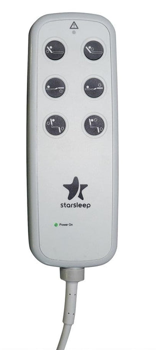 A white remote control for the Starsleep Orin Rotating Bed, featuring six gray bed position buttons with icons, a green Power On indicator light at the bottom, and a cord extending from its base.