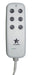 A white remote control for the Starsleep Orin Rotating Bed, featuring six gray bed position buttons with icons, a green Power On indicator light at the bottom, and a cord extending from its base.