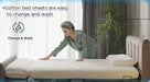 A woman in pajamas makes a bed with white sheets beside gray curtains and a green plant. Text: Starsleep Orin Rotating Bed with cotton sheets is easy to change and wash, featuring the convenient Change & Wash icon.