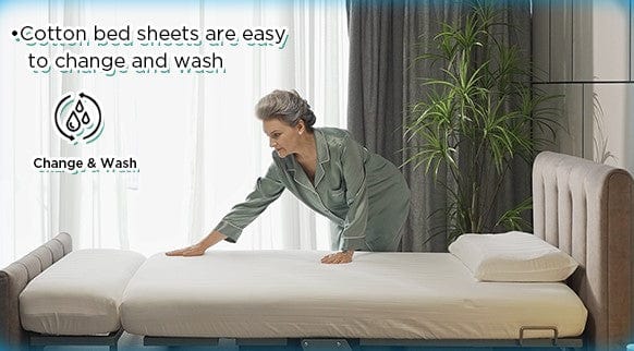 A woman in pajamas makes a bed with white sheets beside gray curtains and a green plant. Text: Starsleep Orin Rotating Bed with cotton sheets is easy to change and wash, featuring the convenient Change & Wash icon.