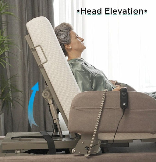 An older woman reclines in a Starsleep Orin Rotating Bed with the head section elevated, using a remote control. An arrow highlights the upward motion of the bed’s head. Text reads: Head Elevation.