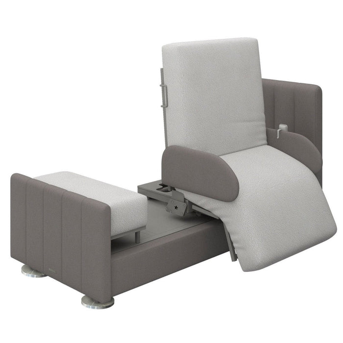 The Starsleep Orin Rotating Bed features a reclining back, sliding ottoman on a shared base, and padded armrests and seat. Upholstered in light and dark gray fabric, its design is inspired by luxury adjustable beds for ultimate comfort.