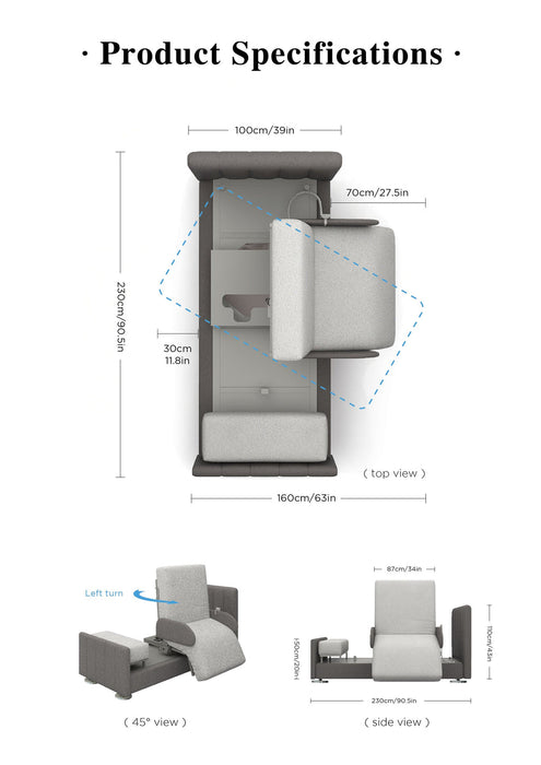 Diagram of the Starsleep Orin Rotating Bed, inspired by luxury adjustable beds, showing 100cm width, 200cm length flat, 70cm height, and 30cm seat height, with top, side, and 45-degree angle illustrations.