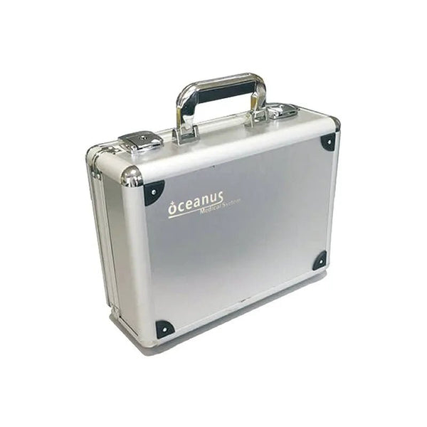 Silver aluminum carrying case for the Oceanus PhysioPRO shockwave therapy machine, labeled "Oceanus Medical System"