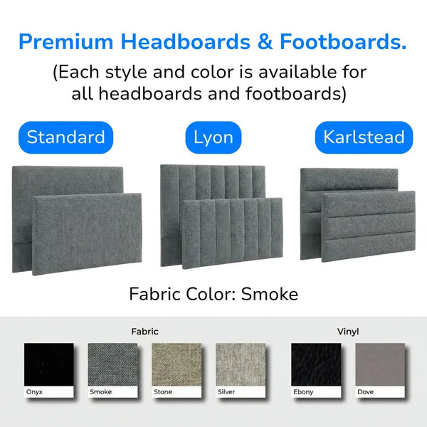 Premium Headboards & Footboards for the iCare Bed, showing the Standard, Lyon, and Karlstead styles in fabric color Smoke. Available with a variety of fabric colors including Onyx, Smoke, Stone, and Silver.